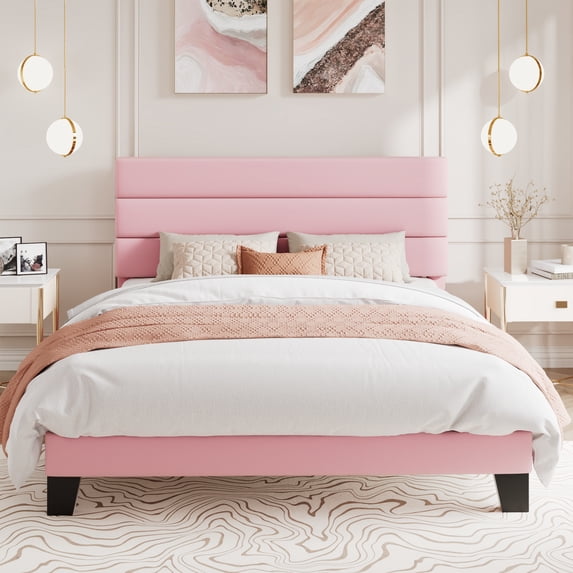 Amolife Full Bed Frame, Platform Bed Frame with Velvet Upholstered Slat Headboard, Pink