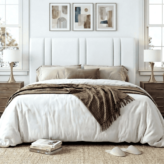Amolife Full Bed Frame, Platform Bed with Upholstered Velvet Adjustable Headboard, Wooden Slats, Easy Assembly, White