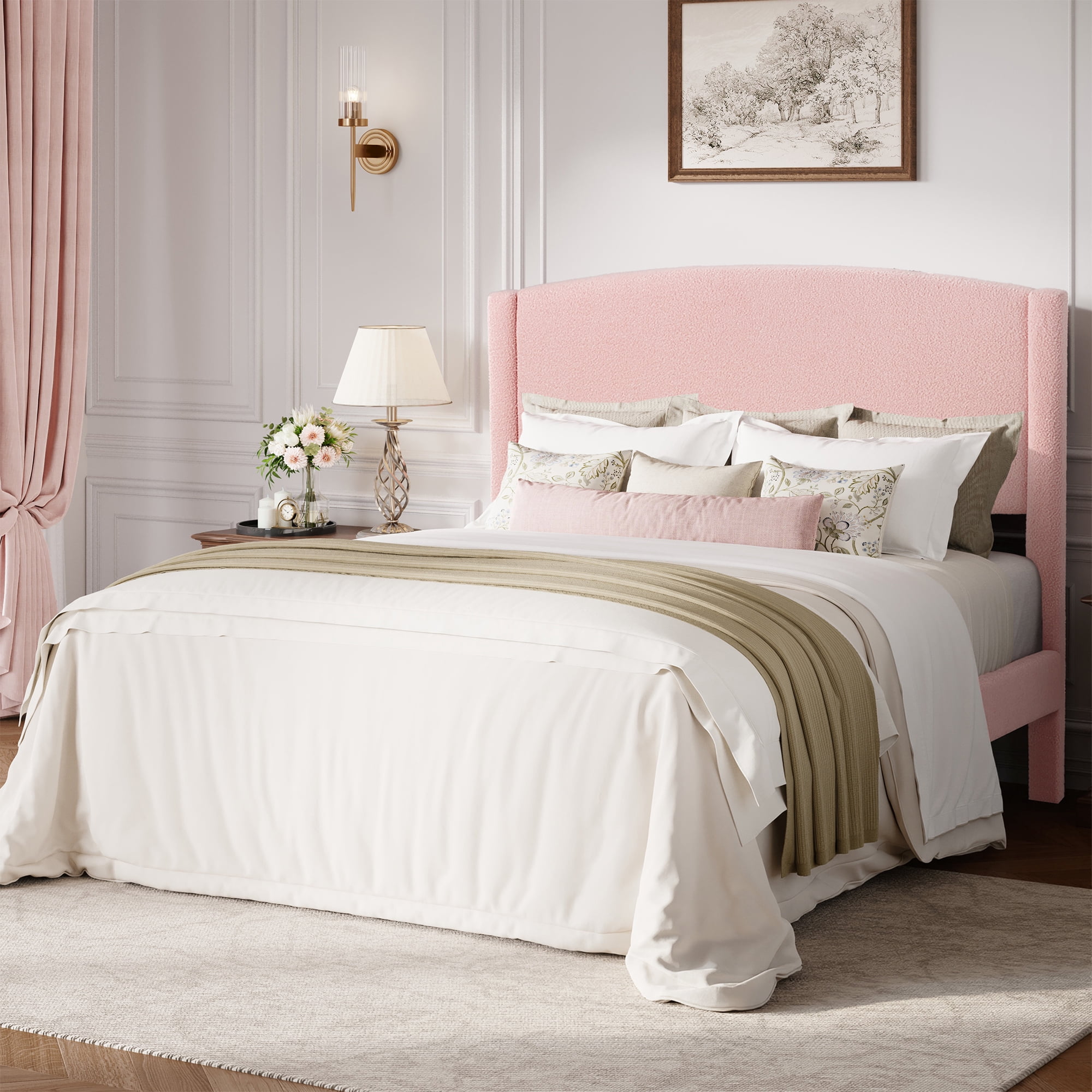 Amolife Full Bed Frame, Platform Upholstered Bed with Soft Teddy Fabric Curved Headboard, Pink