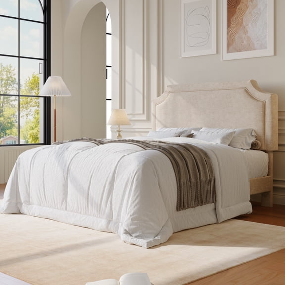 Amolife Full Bed Frame, Upholstered Platform Bed with Streamlined Adjustable Headboard, No Box Spring Required, Beige, Chenille Fabric