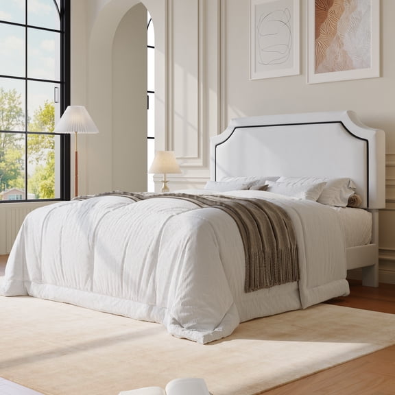 Amolife Full Bed Frame, Upholstered Platform Bed with Streamlined Adjustable Headboard, No Box Spring Required, White, Velvet