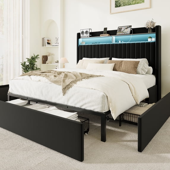 Amolife Full Bed Frame, Velvet Upholstered Storage Bed with 2 Shelves LED Wingback Headboard, 3 Drawers & USB Ports, Black