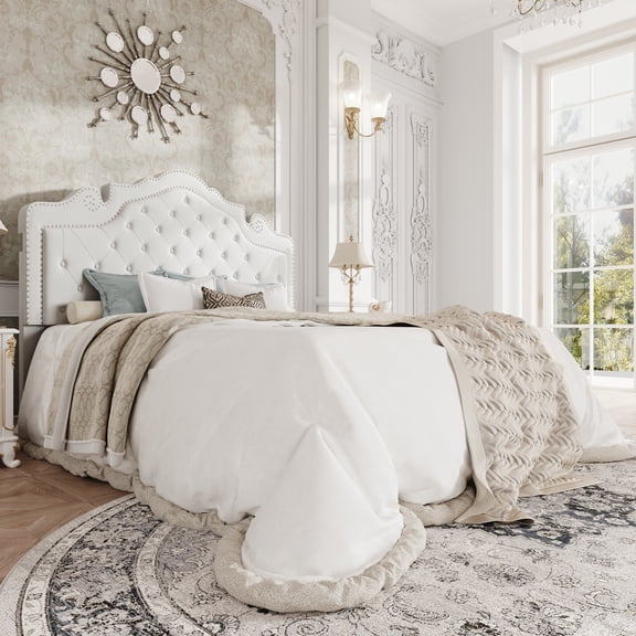 Amolife Full Bed Frame with Adjustable Crown-Shaped Headboard, Upholstered Platform Bed, No Box Spring Required, White