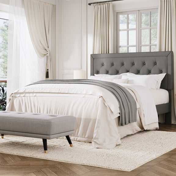 Amolife Full Bed Frame with Adjustable Headboard, Upholstered Platform Bed, No Box Spring Required, Light Gray