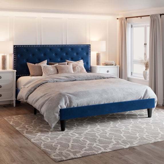 Amolife Full Bed Frame with Adjustable Velvet-Studded Headboard, Blue