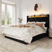 Amolife Full Bed Frame with Chenille Wingback Headboard, LED Lights, Charging Station & Storage Shelf, No Box Spring Required, Black