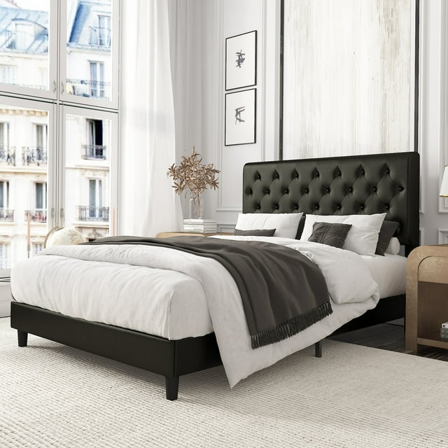 Amolife Full Faux Leather Upholstered Platform Bed Frame with Adjustable Headboard, Diamond Button Tufted Style, Black