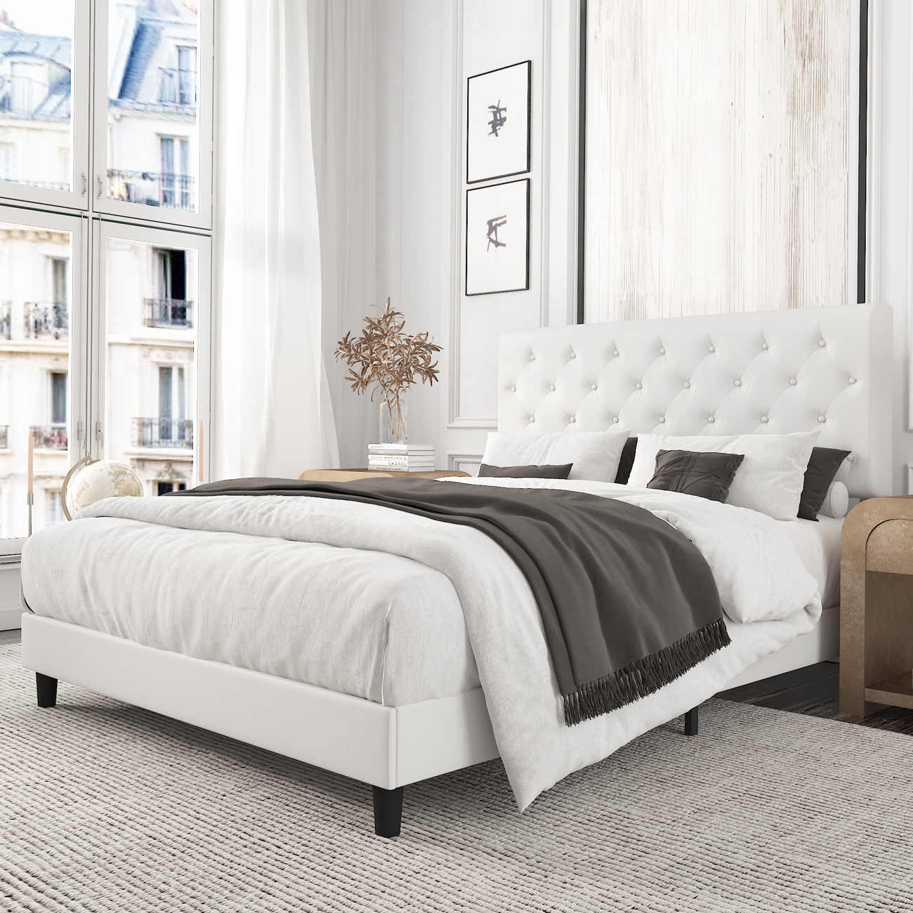 Amolife Queen Bed Frame with Headboard, Diamond Button Tufted Style