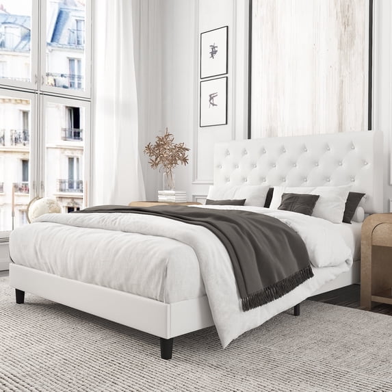 Amolife Full Faux Leather Upholstered Platform Bed Frame with Adjustable Headboard, Diamond Button Tufted Style, White