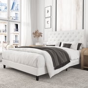 Amolife Full Faux Leather Upholstered Platform Bed Frame with Adjustable Headboard, Diamond Button Tufted Style, White