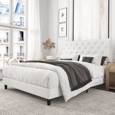 Amolife Full Faux Leather Upholstered Platform Bed Frame with Adjustable Headboard, Diamond Button Tufted Style, White