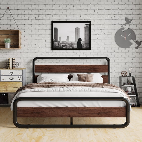 Amolife Full Bed Frame with Headboard and Footboard, Metal Platform Bed, No Box Spring Required, Black-Brown