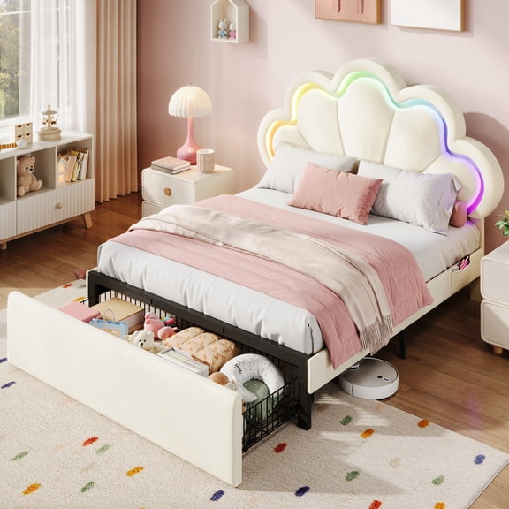 Amolife Full Bed Frame with RGB LED Lights & Storage Drawer, Upholstered Platform Bed with Adjustable Headboard, Cream White