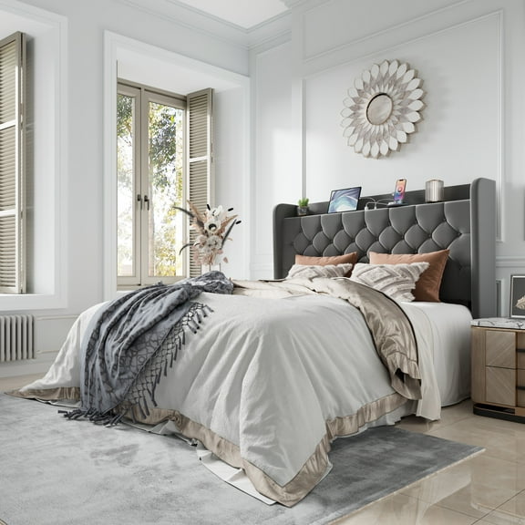 Amolife Full Bed Frame with Storage Wingback Headboard and Fast Charging Hub, Upholstered Platform Bed, No Box Spring Required, Gray