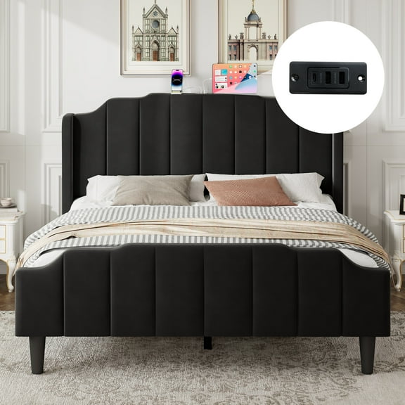 Amolife Full Size Upholstered Platform Bed Frame with USB Ports & Curved Velvet Wingback Headboard, Black