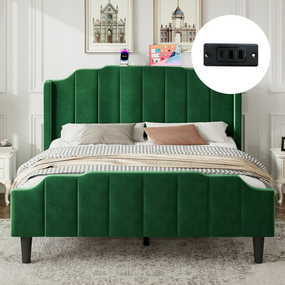 Amolife Full Size Upholstered Platform Bed Frame with USB Ports & Curved Velvet Wingback Headboard, Green