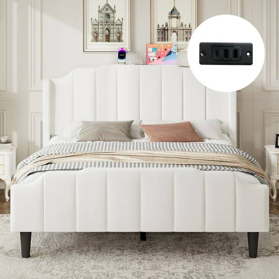 Amolife Full Size Upholstered Platform Bed Frame with USB Ports & Curved Velvet Wingback Headboard, White