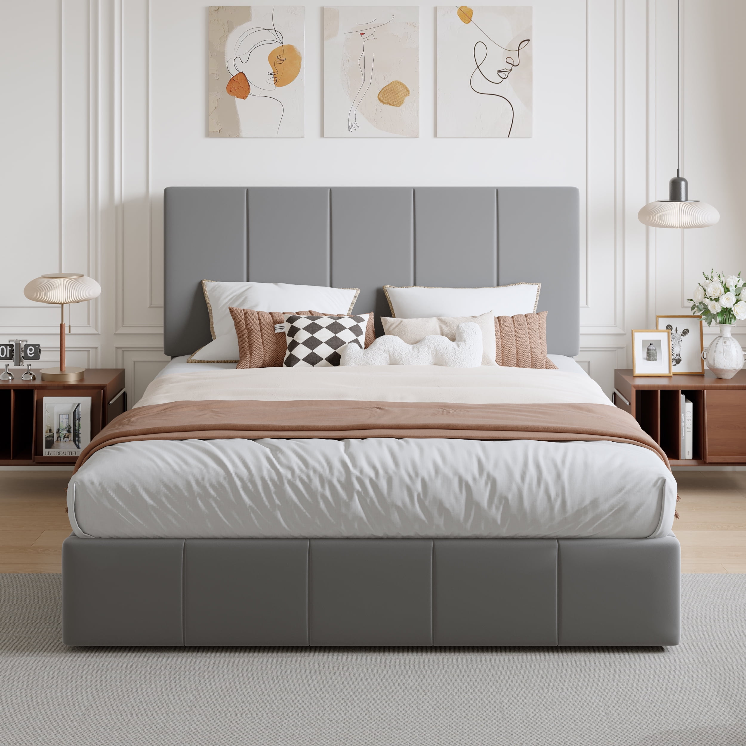 Amolife Full Dutch Velvet Upholstered Platform Bed Frame with a Vertical-Channel-Tufted, Adjustable Headboard, Gray