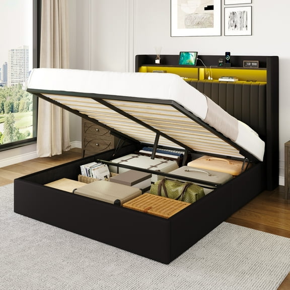 Amolife Full Hydraulic Lift-Up Storage Bed Frame, LED Headboard with Fast Charging (USB/Type-C), 2-Tier Shelves & Velvet Upholstered, Black