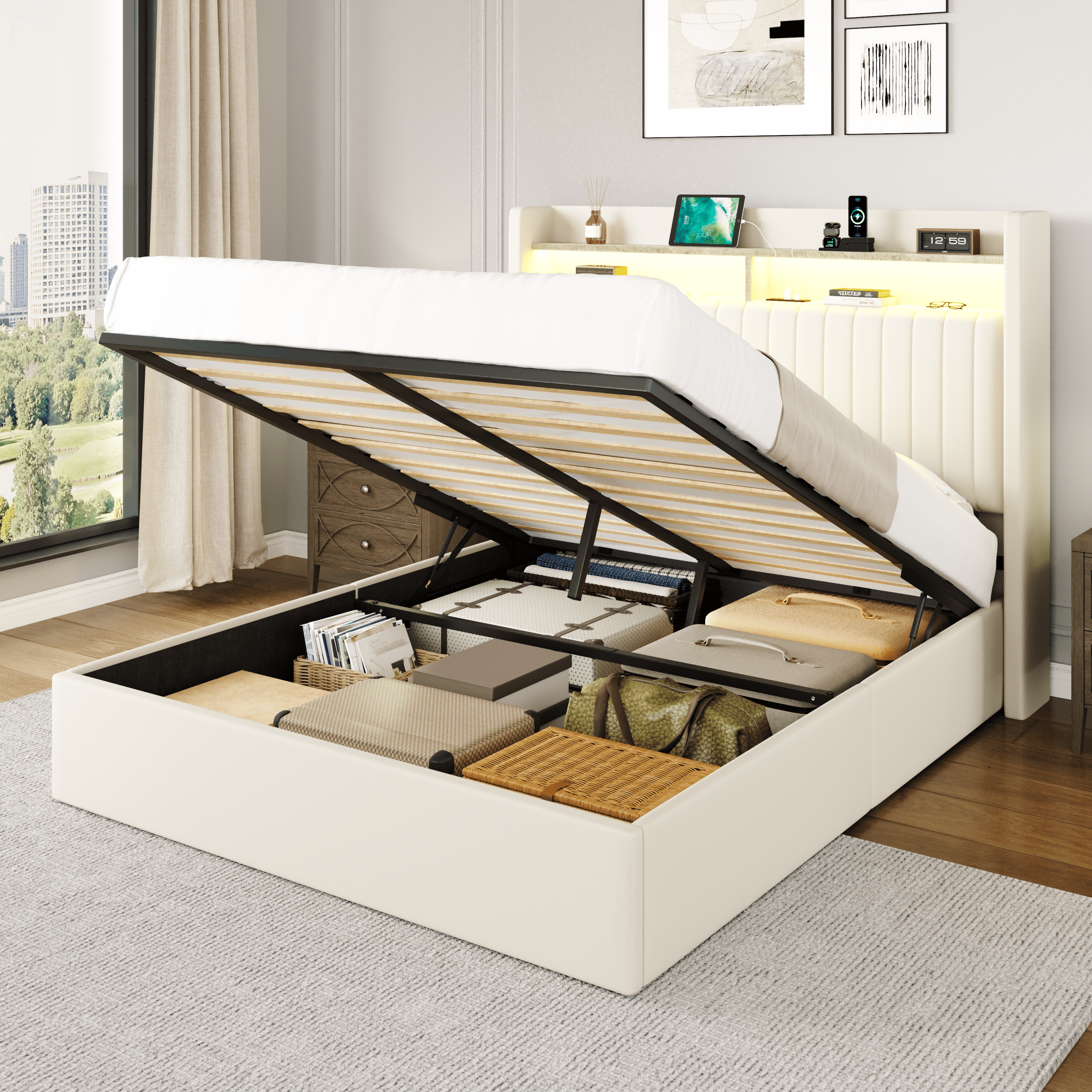 Amolife Full Hydraulic Lift-Up Storage Bed Frame, LED Headboard with Fast Charging (USB/Type-C), 2-Tier Shelves & Velvet Upholstered, Cream