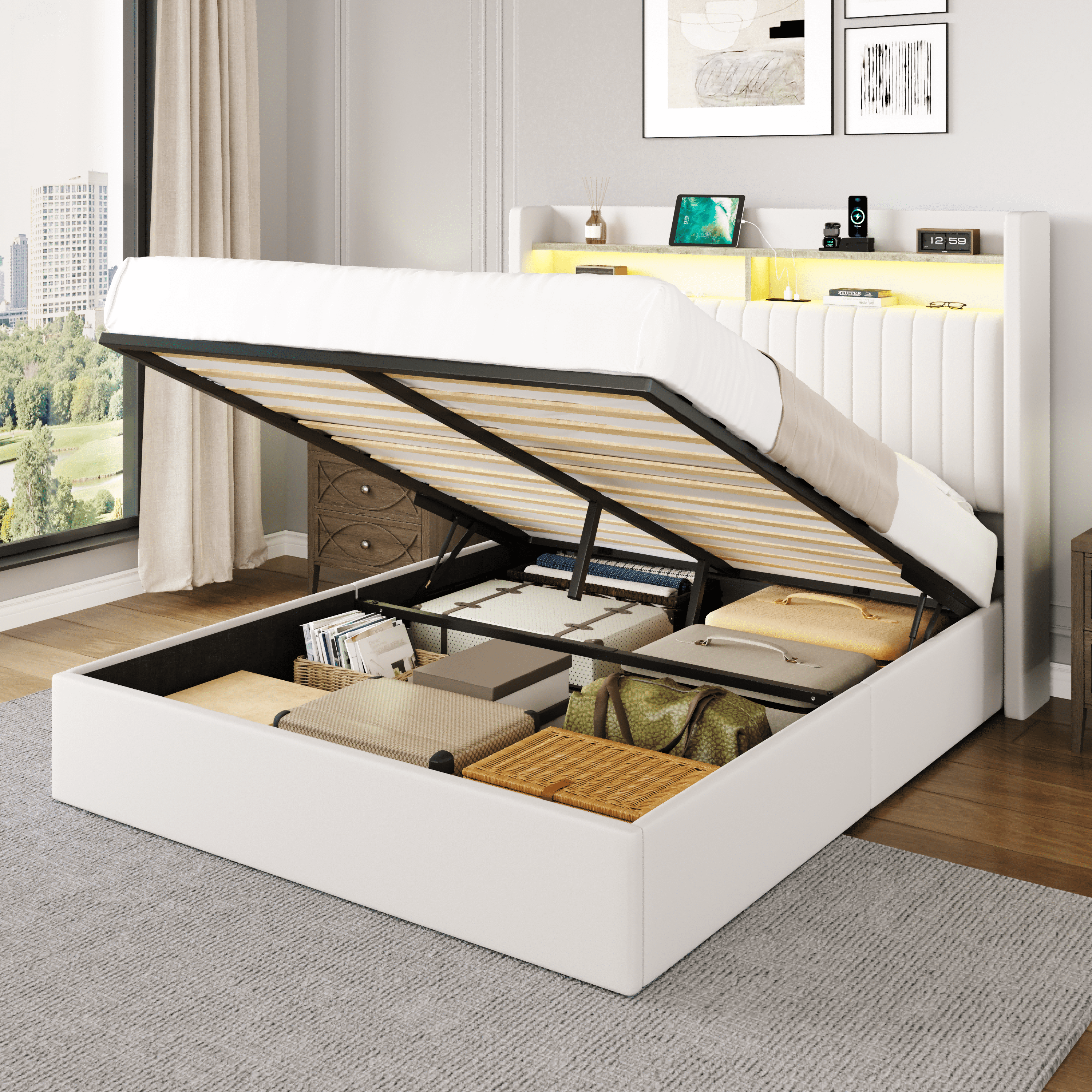 Amolife Full Hydraulic Lift-Up Storage Bed Frame, LED Headboard with Fast Charging (USB/Type-C), 2-Tier Shelves & Velvet Upholstered, White