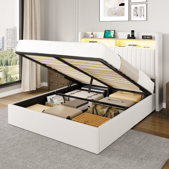 Amolife Full Hydraulic Lift-Up Storage Bed Frame, LED Headboard with Fast Charging (USB/Type-C), 2-Tier Shelves & Velvet Upholstered, White