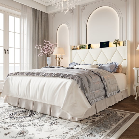 Amolife Full Lift Up Storage Bed Frame, Chenille Multi-Functional Headboard, Ample Under-Bed Storage Space, Cream White