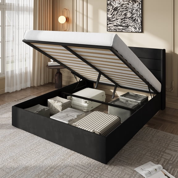 Amolife Full Lift Up Storage Bed Frame, Three-Panel Wingback Headboard, Ample Storage Space, No Box Spring Needed, Black