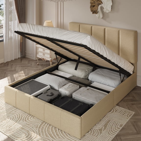 Amolife Full Lift Up Storage Bed Frame with Velvet Adjustable Headboard and Ample Storage Space, No Box Spring Needed, Beige