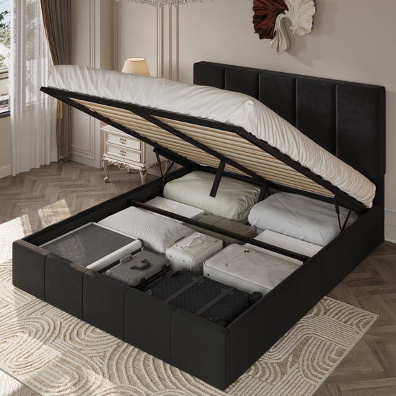 Amolife Full Lift Up Storage Bed Frame with Velvet Adjustable Headboard and Ample Storage Space, No Box Spring Needed, Black