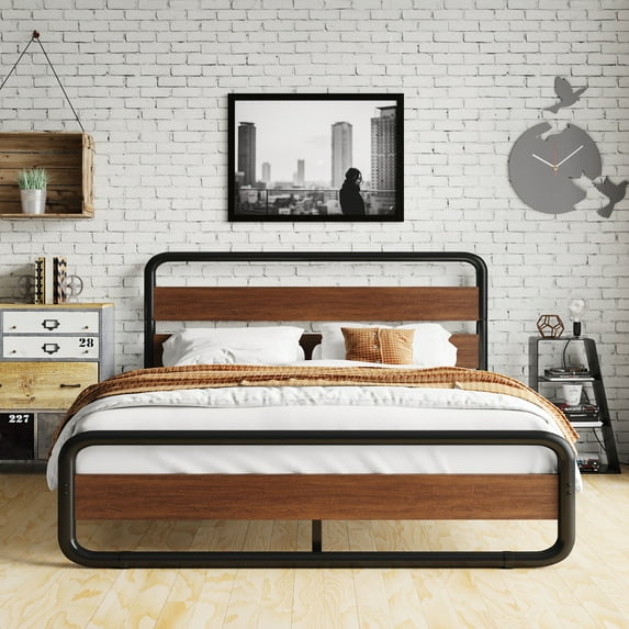 Amolife Full Bed Frame with Headboard and Footboard, Metal Platform Bed, No Box Spring Required, Brown