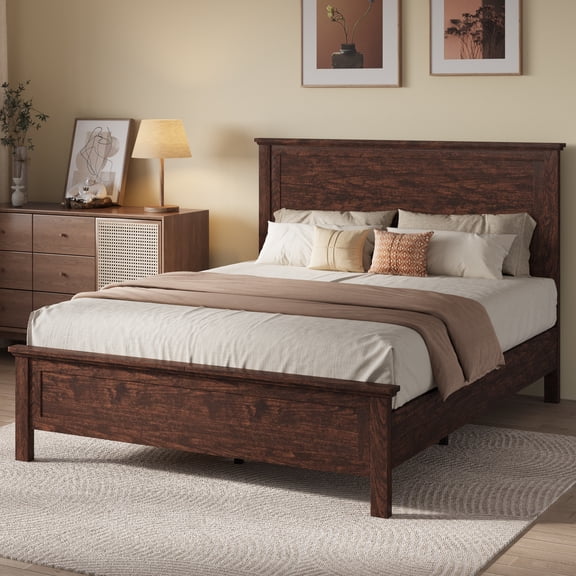 Amolife Full Size Bed Frame, Platform Bed Frame with Rustic Wood Headboard, Heavy Duty, No Box Spring Needed, Walnut