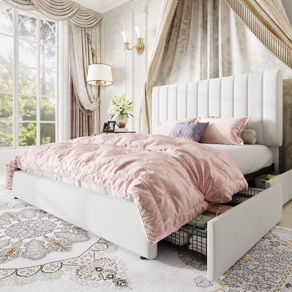 Amolife Full Size Bed Frame, Platform Bed with Adjustable Velvet-Wrapped Headboard and 4 Storage Drawers, No Box Spring Required, White