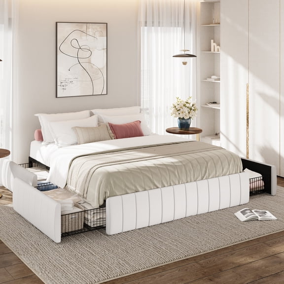 Amolife Full Size Bed Frame, Platform Storage Bed with 4 Large Velvet Storage Drawers, Wooden Slats, White