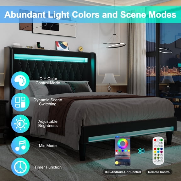 Amolife Full Size LED Bed Frame, Upholstered Velvet Platfrom Bed with Charging Station, High Wingback Headboard & 2 Lights, No Box Spring Needed, Black