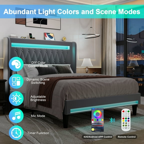 Amolife Full Size LED Bed Frame, Upholstered Velvet Platfrom Bed with Charging Station, High Wingback Headboard & 2 Lights, No Box Spring Needed, Gray