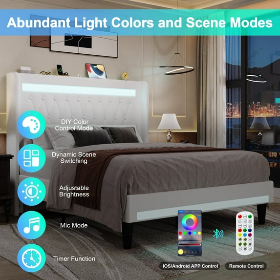 Amolife Full Size LED Bed Frame, Upholstered Velvet Platfrom Bed with Charging Station, High Wingback Headboard & 2 Lights, No Box Spring Needed, White