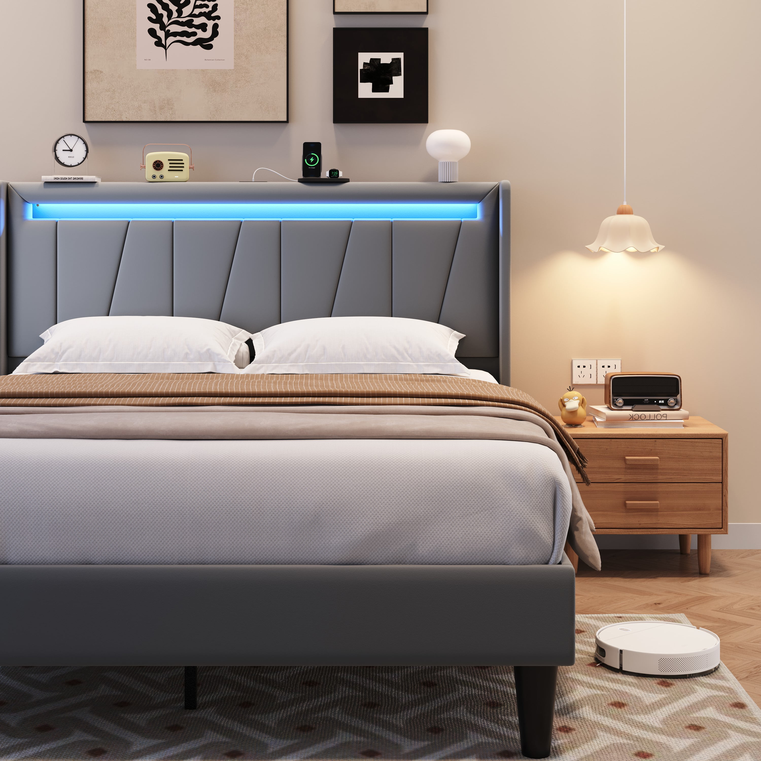 Amolife Full Size Bed Frame with Charging Station & LED Light, Velvet Upholstered Platform Bed with Geometric Wingback Headboard, Grey