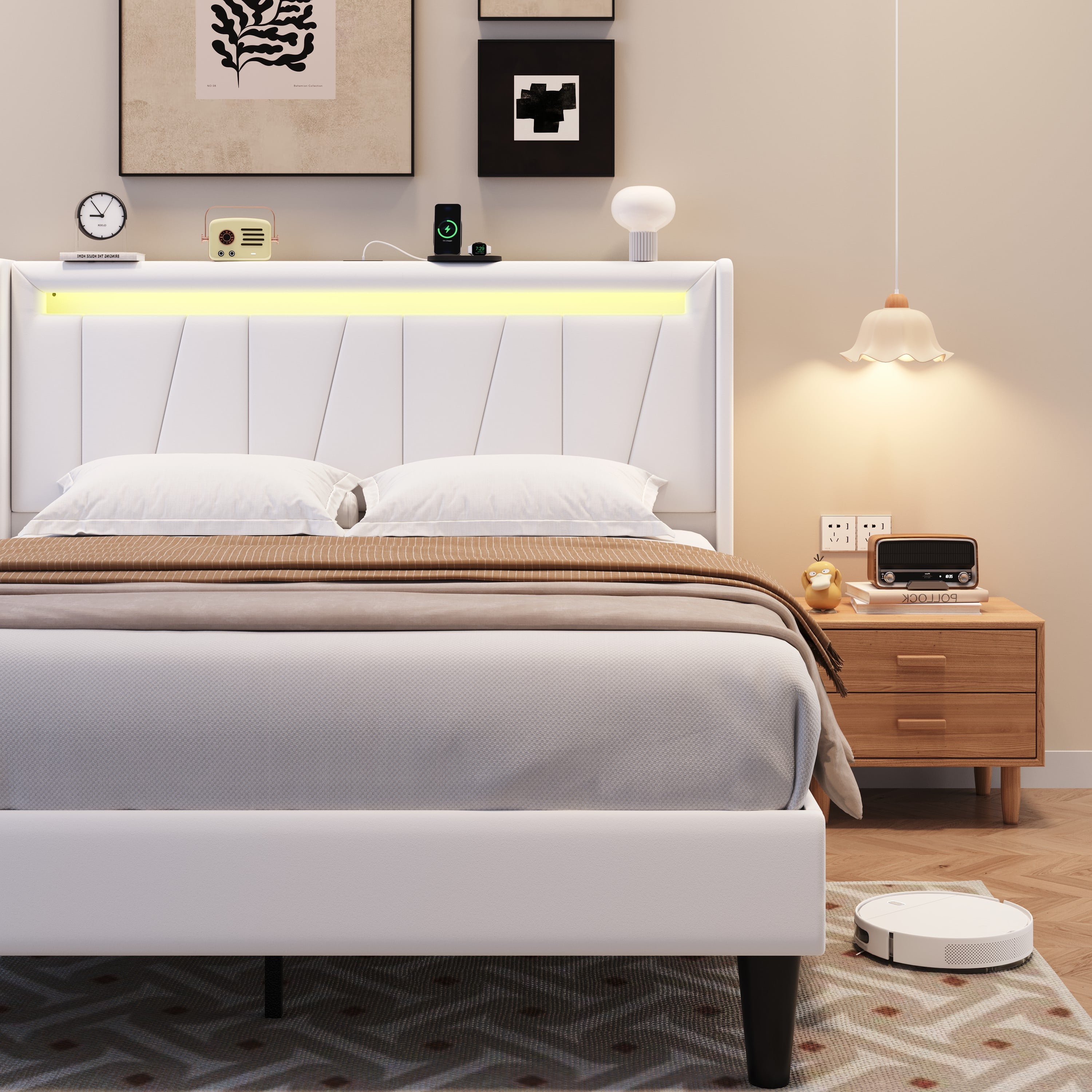Amolife Full Size Bed Frame with Charging Station & LED Light, Velvet Upholstered Platform Bed with Geometric Wingback Headboard, White