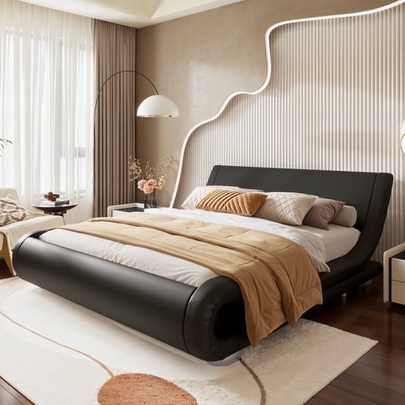 Amolife Full Size Bed Frame with Curved Adjustable Headboard, Faux Leather Upholstered Platform Bed, Black