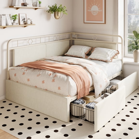 Amolife Full Size Daybed Frame with Movable Charging Station and Storage Drawers, Corner Daybed for Living Room, Bedroom and Guest Room, Cream White