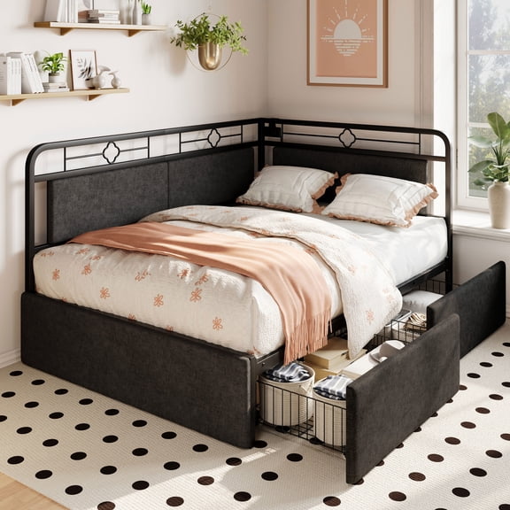 Amolife Full Size Daybed Frame with Movable Charging Station and Storage Drawers, Corner Daybed for Living Room, Bedroom and Guest Room, Black