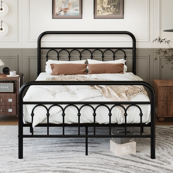 Amolife Full Size Elegant Metal Platform Bed with a Retro and Curved Iron-Art Headboard, Black