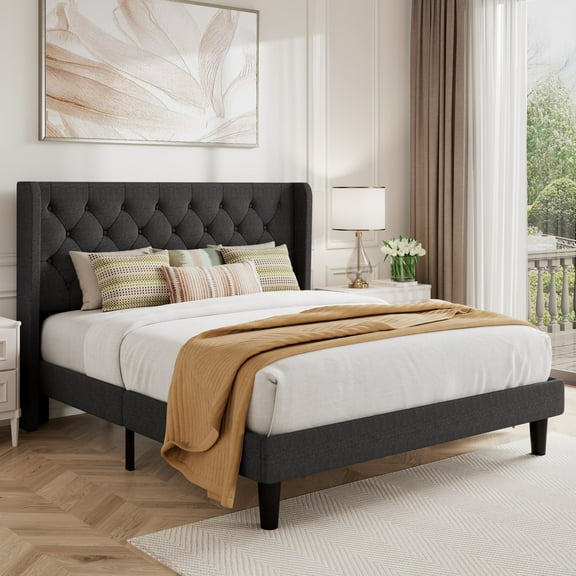 Amolife Full Size Upholstered Platform Bed Frame with Fabric Diamond Deluxe Wingback Headboard, Dark Grey