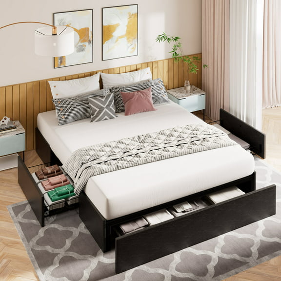 Amolife Full Size Faux Leather Platform Bed Frame with 3 Storage Drawers and Wooden Slats, Black