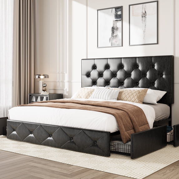Amolife Full Bed Frame with 4 Storage Drawers and Faux Leather Headboard, Black