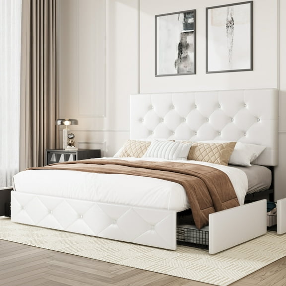 Amolife Full Bed Frame with 4 Storage Drawers and Faux Leather Headboard, White