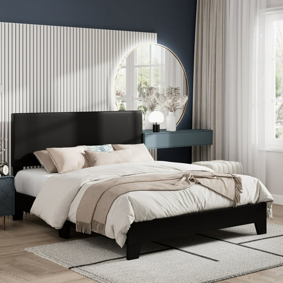 Amolife Full Bed Frame, Faux Leather Platform Bed with Adjustable Headboard, No Box Spring Required, Black