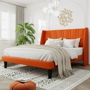 Amolife Full Size Faux Leather Platform Bed Frame with Exquisite Wingback Headboard, Orange