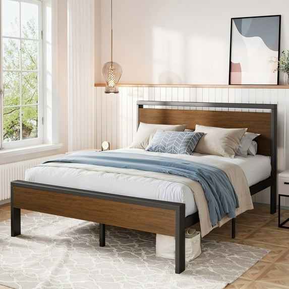 Amolife Full Size Bed Frame, Heavy Duty Metal Platform Bed with Wooden Headboard & Footboard, Walnut